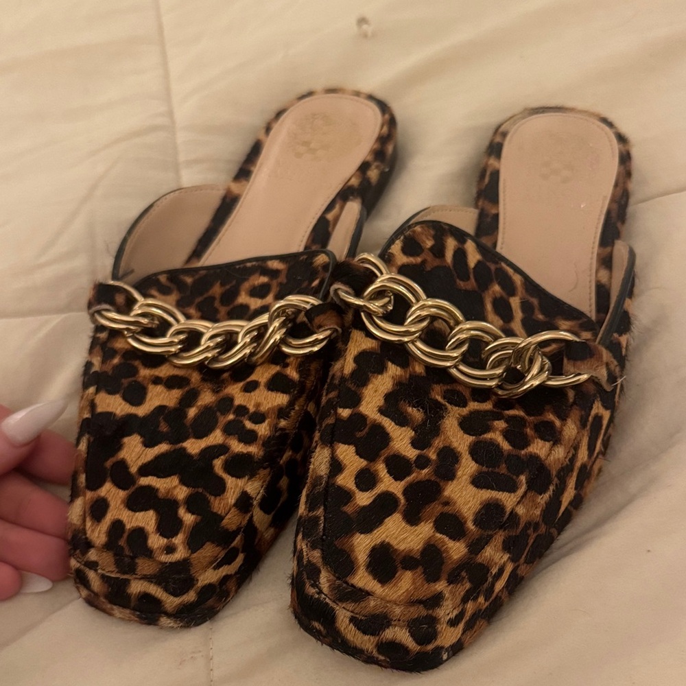 Vince Camuto Leopard Print Mules with Gold Chain